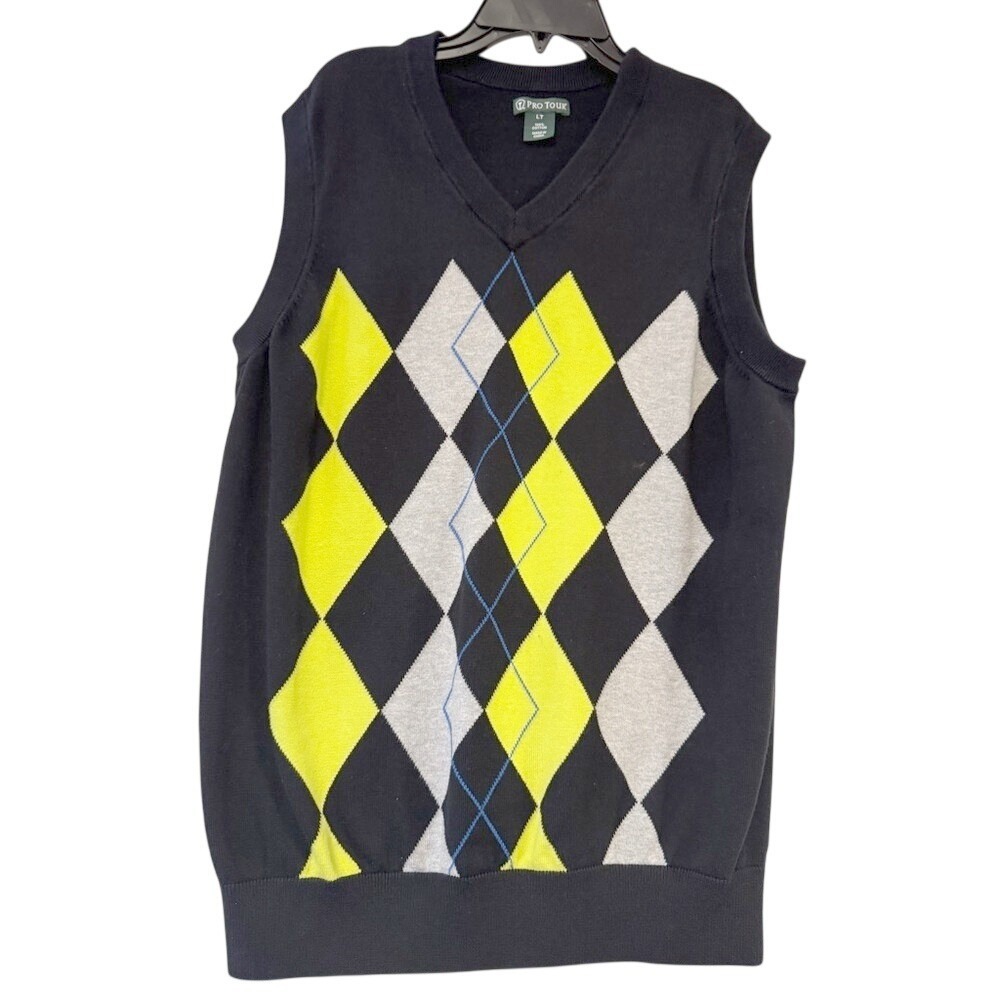 Pro Tour Mens Argyle V-Neck Cotton Golf Sweater Vest Navy Blue Lime LT